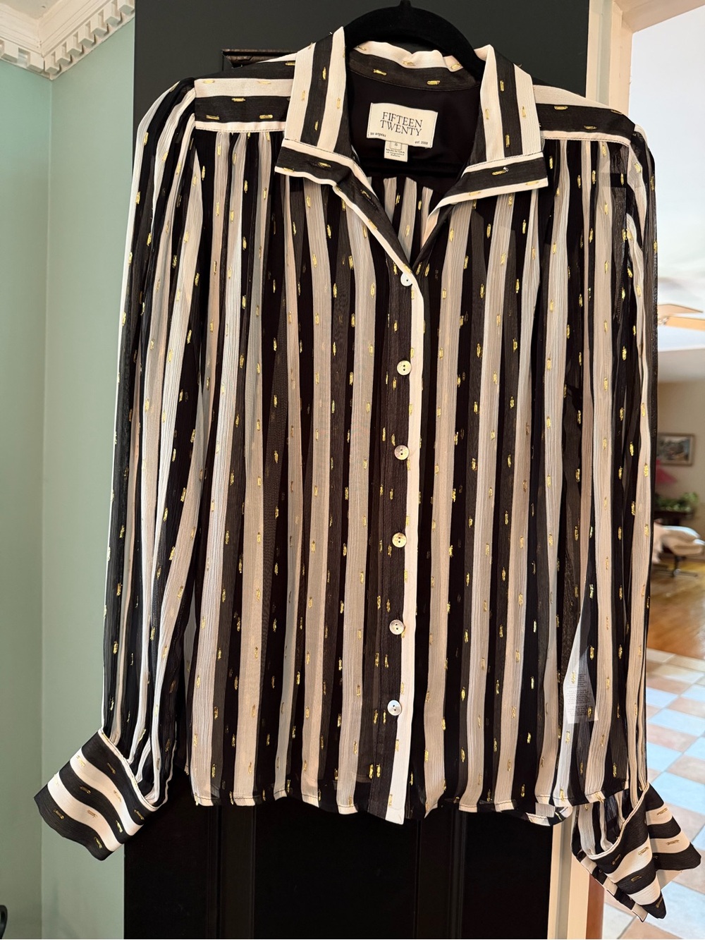 Fifteen twenty sheer black and white small blouse button up long sleeve